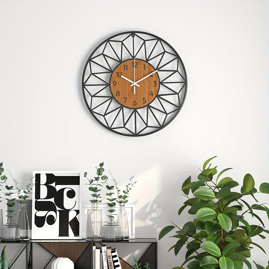 Modern Metal Wall Clock | Wood Grain Centre Design | Silent Industrial Kitchen