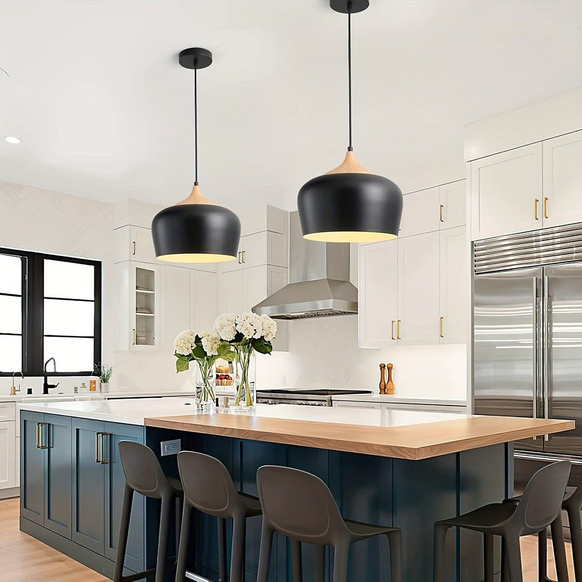 Modern Scandinavian Pendant Light | Iron & Wood Grain Design | Nordic Dining Room