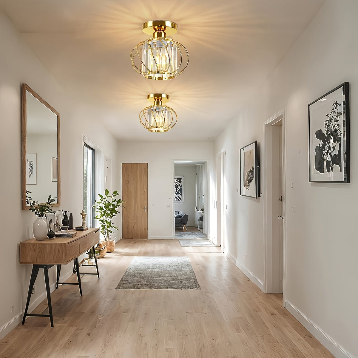 Modern Industrial Cage Ceiling Light | Elegant Semi Flush Mount Fixture | Glass Metal Bedroom