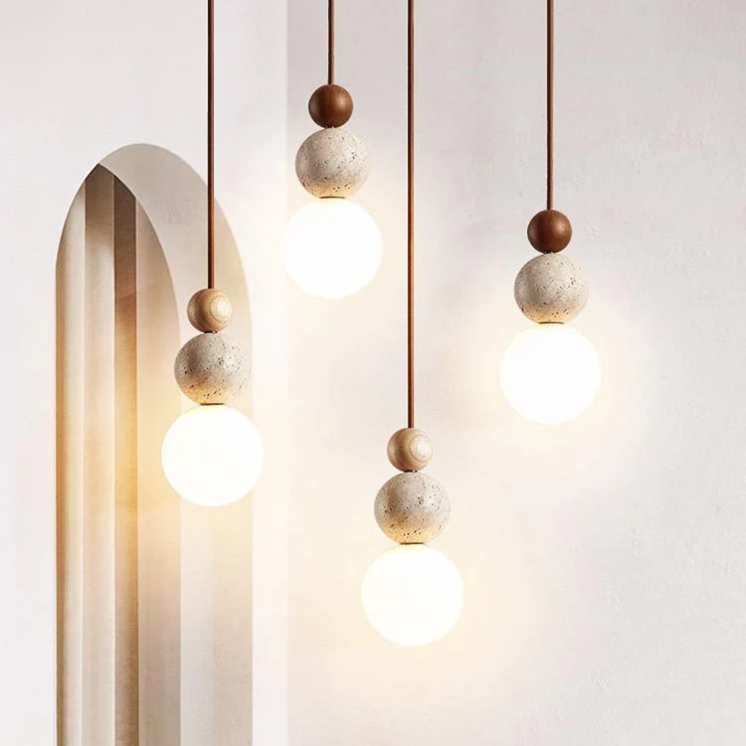 Cleonice Pendant Light | Travertine, Wood & Glass Hanging Lamp | Travertine Stone Handcrafted