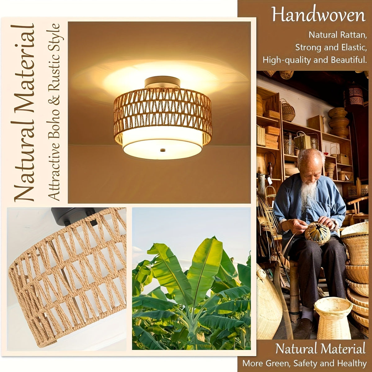Boho Rattan Ceiling Light | Semi-Flush Mount with Linen Shade | Handcrafted Bohemian Bedroom