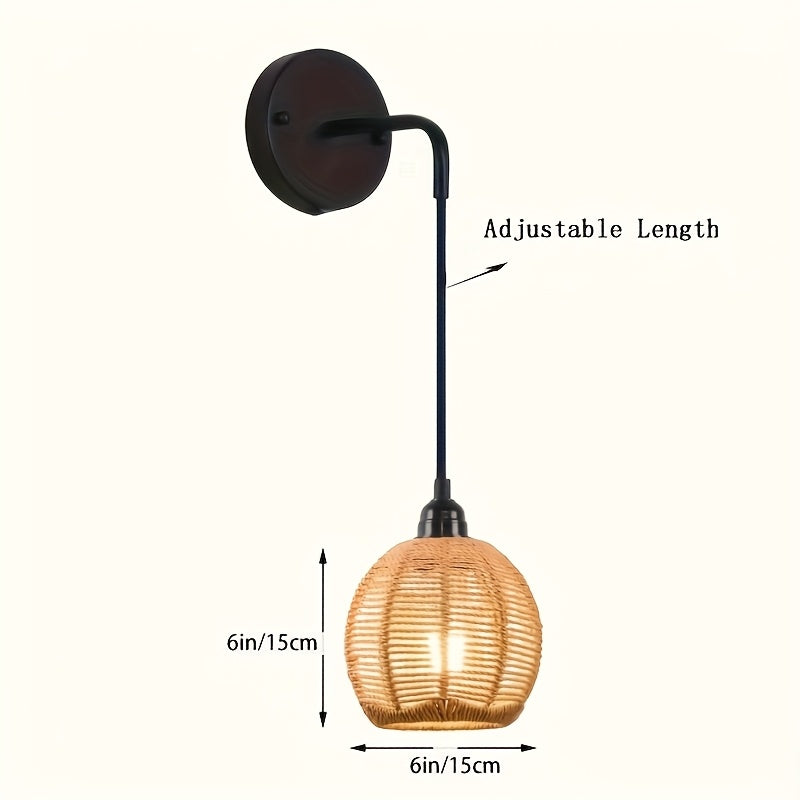 Boho Rattan Wall Lamp | Handwoven Bedside & Living Room Sconce | Wall Light Metal Adjustable