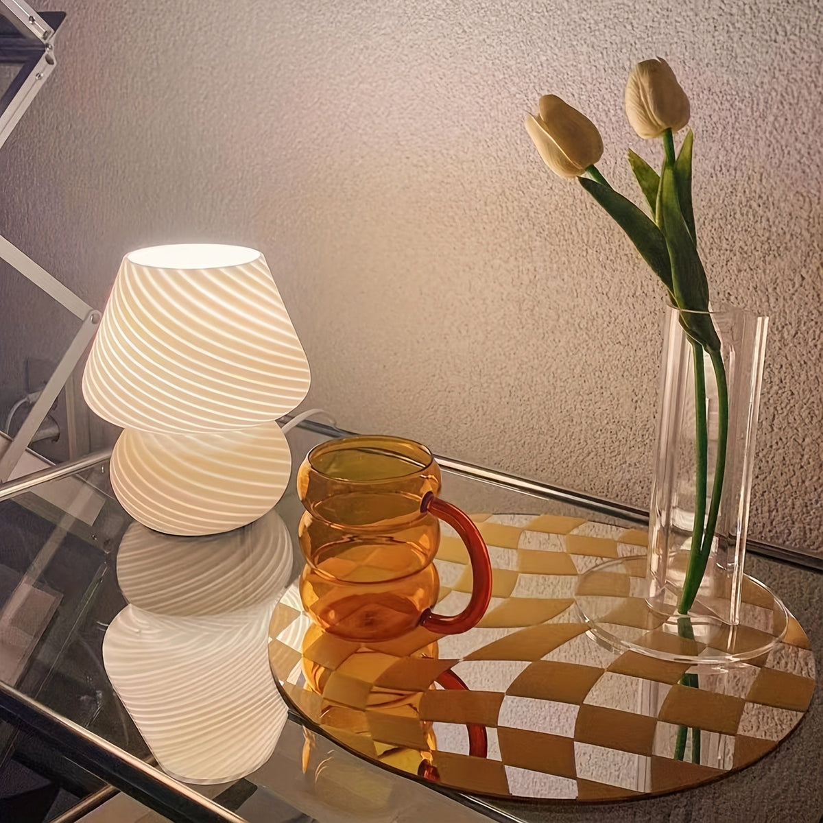 Murano-Style Glass Mushroom Lamp | USB Dimmable Table Light | Rechargeable Handcrafted Bedside