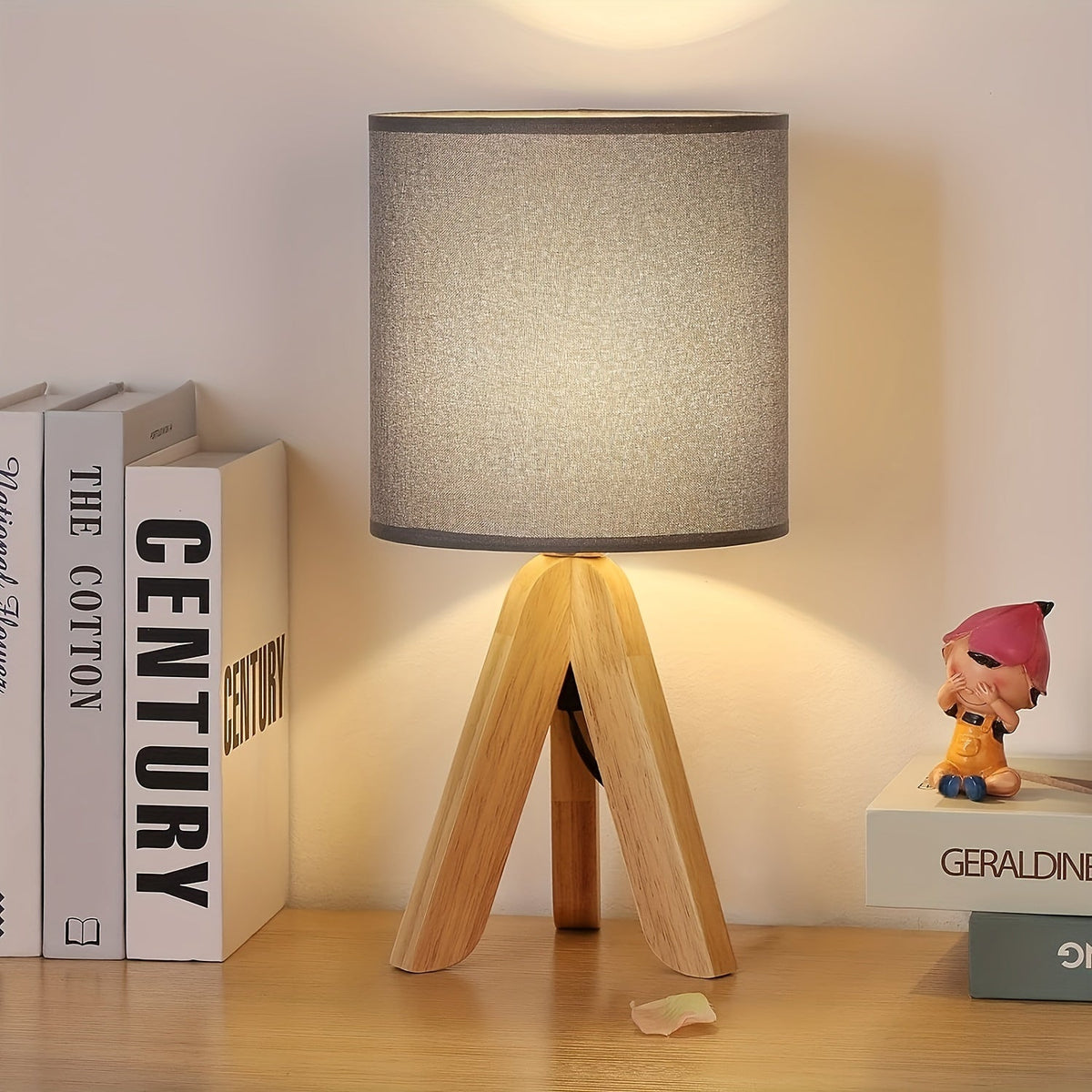 Nordic Wooden Tripod Table Lamp | Fabric Shade | Wood Woven Linen Bedside