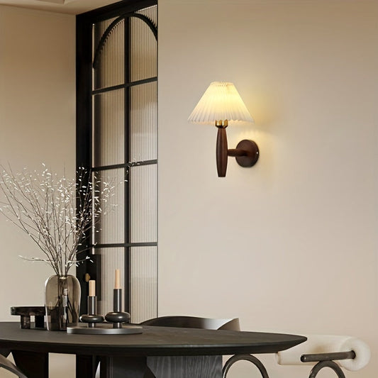 Nordic Wooden Wall Sconce | Retro Bedside Wall Lamp with Pleated Shade | Wall Light Wood