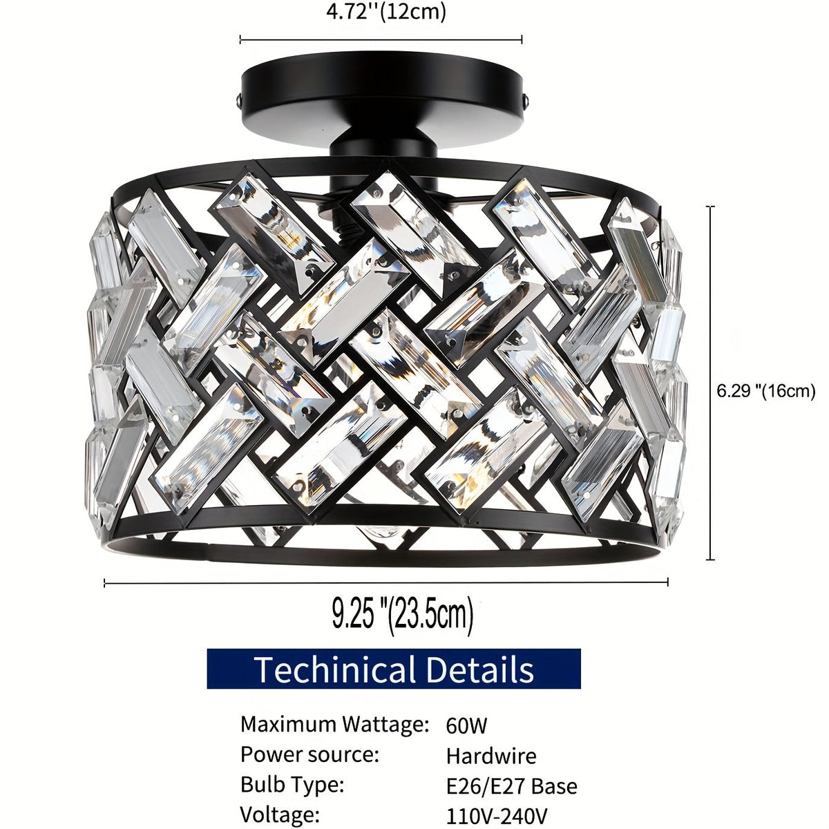 Modern Crystal Semi Flush Mount Ceiling Light | Elegant Decorative Fixture | Bedroom