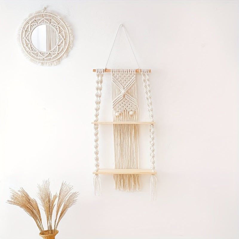 Boho Macrame Wall Shelf | 2-Tier Hanging Storage Rack | Wall Organiser Wood Natural Rope