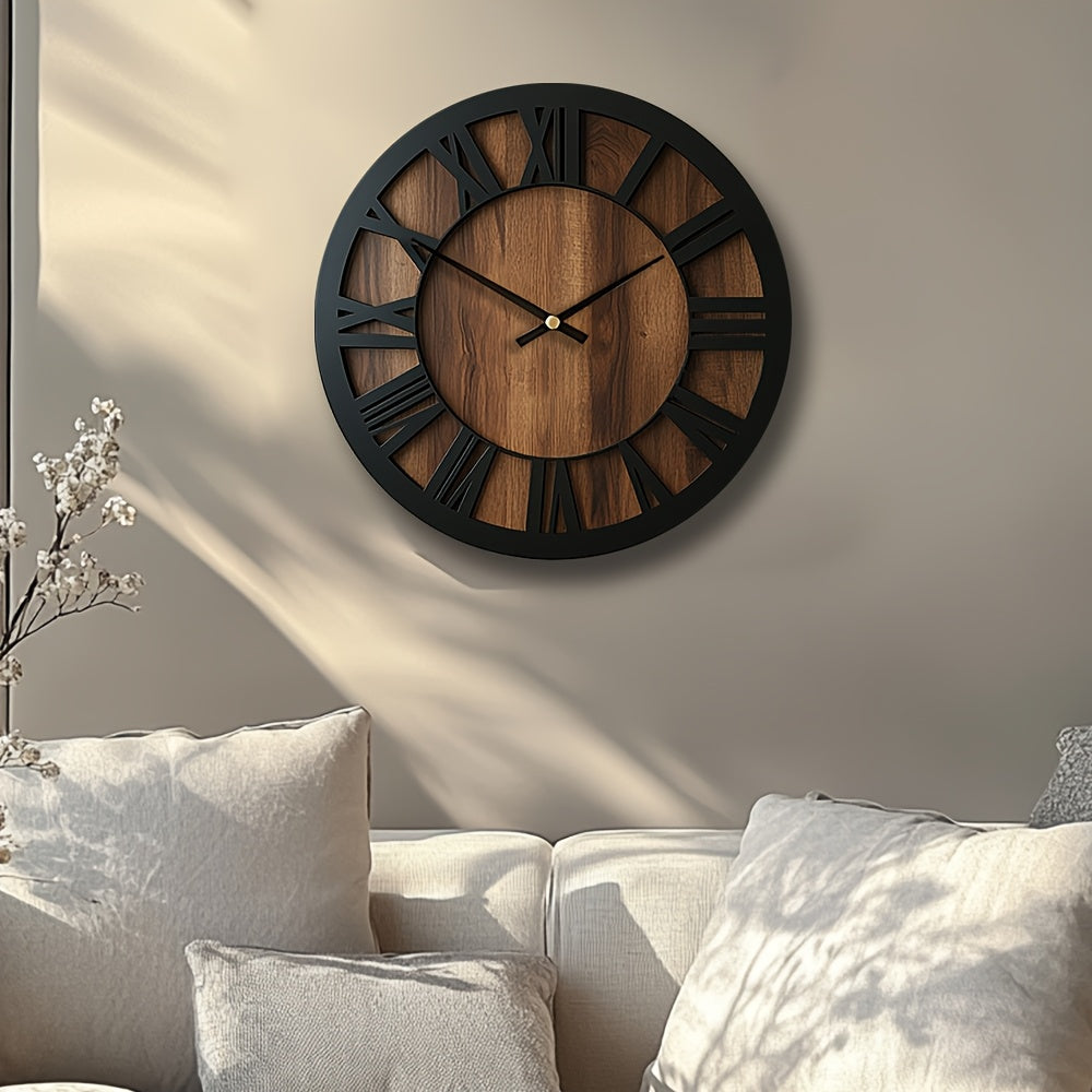Vintage Wooden Wall Clock | Roman Numeral Design | Wood Metal Silent Vintage-inspired Kitchen