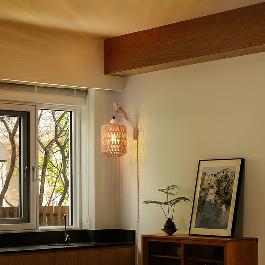 Boho Wood & Rattan Wall Lamp | Hand-Woven Plug-In Light | Adjustable Handcrafted Bohemian