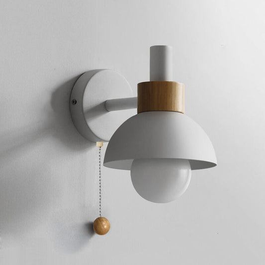 Nordic Wood Accent Wall Lamp | Minimalist Pull-Switch Light | Metal Bedroom