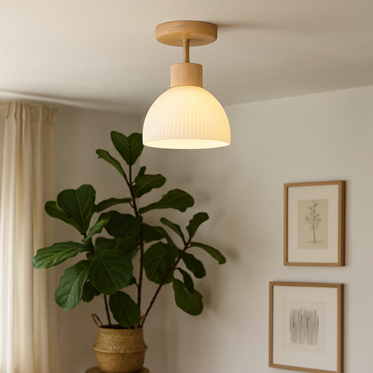 Ailse Ceiling Lamp | Natural Wood & Glass LED Fixture | Ceiling Light Bedroom