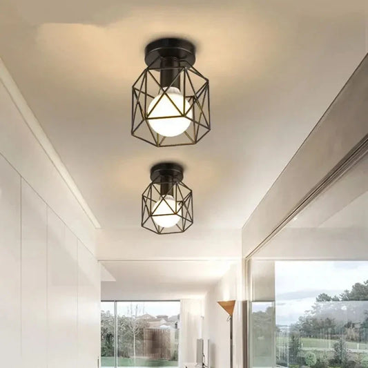 Modern Gold Ceiling Light | Geometric Metal Cage Design | Iron Industrial Bedroom