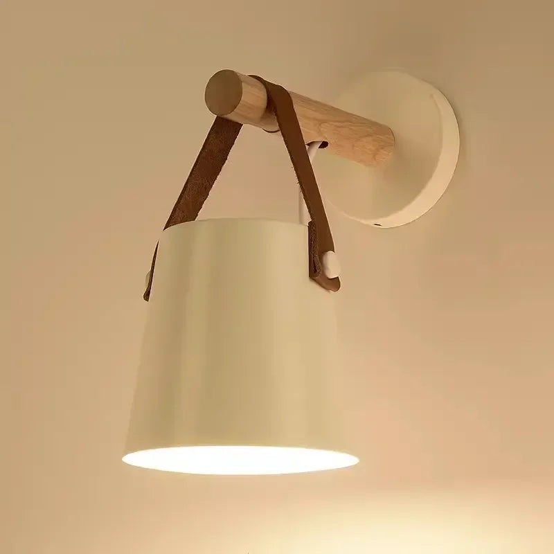 Nordic Wood & Leather Wall Lamp | Hanging Bedside Light | Iron Handcrafted Bedroom