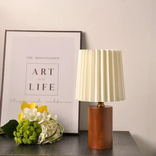 Medieval Pleated Table Lamp | Nordic Wood Base Design | Handcrafted Vintage-inspired Bedside
