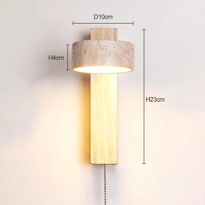 Éclat Wall Lamp | French Wabi-Sabi Headboard Light with Pull Switch | Travertine Stone Wood