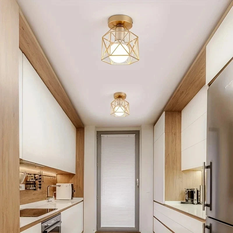 Modern Gold Ceiling Light | Geometric Metal Cage Design | Iron Industrial Bedroom
