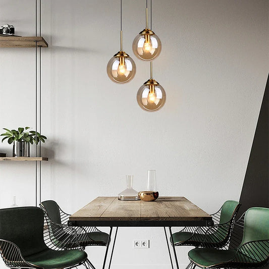 Modern Nordic Glass Globe Pendant Light | Amber, Smoke Grey, Clear Glass | Metal Dining Room