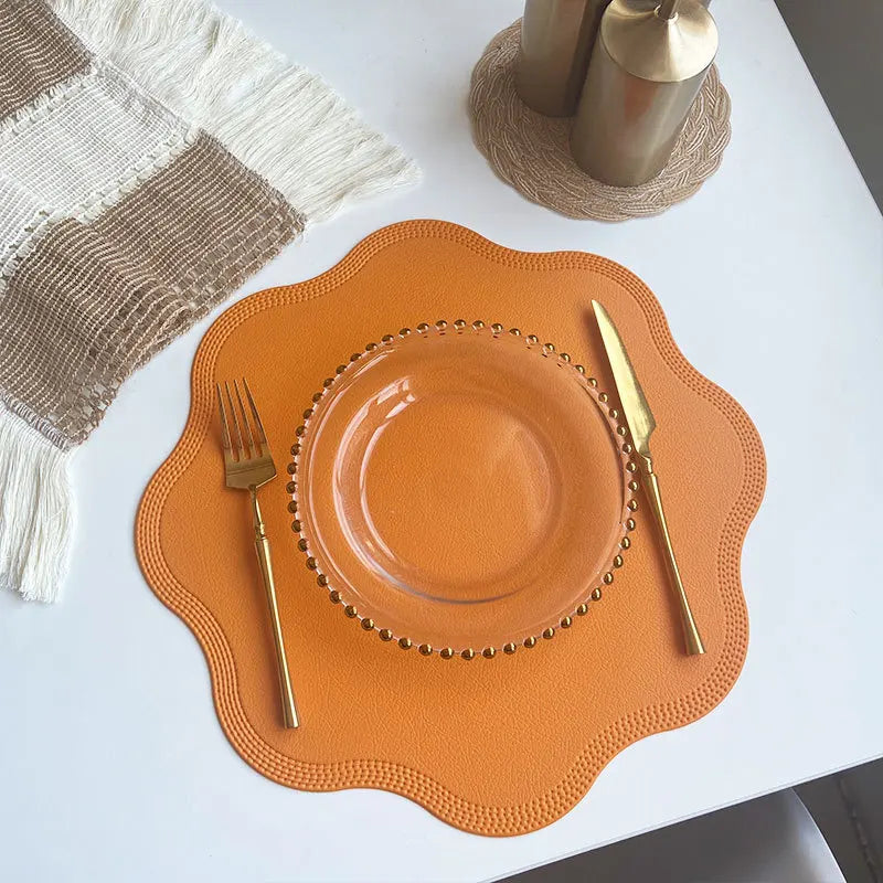 FloraMat | Luxury Round Faux Leather Placemats | Embossed Flower Design | Mat Water-Resistant