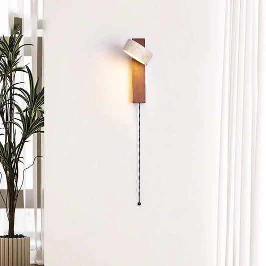 Éclat Wall Lamp | French Wabi-Sabi Headboard Light with Pull Switch | Travertine Stone Wood