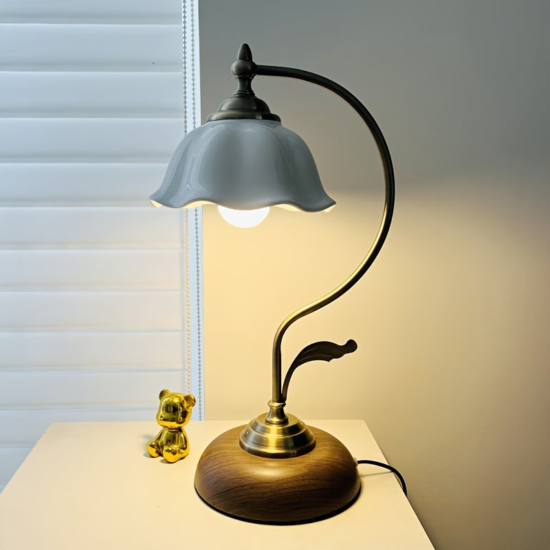 Vintage Goose Neck Table Lamp | Antique Brass USB Bedside Light | Glass Rechargeable