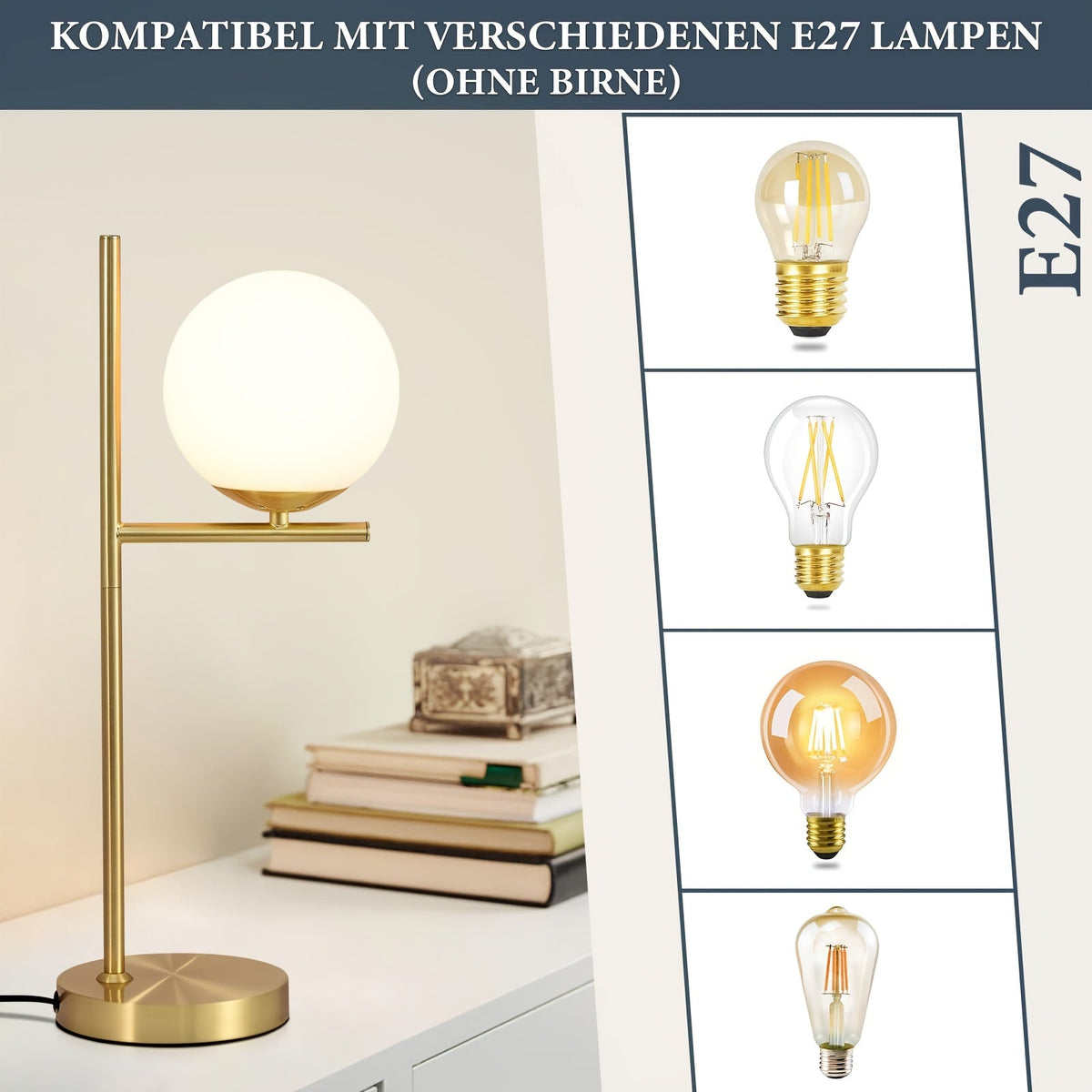 Modern Golden Table Lamp | White Glass Globe Design | Brass Industrial Vintage-inspired Bedside