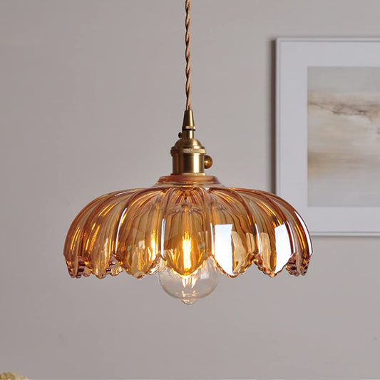 Vintage Flower Pendant Lamp | Coloured Glass Hanging Light | Brass Vintage-inspired Dining Room
