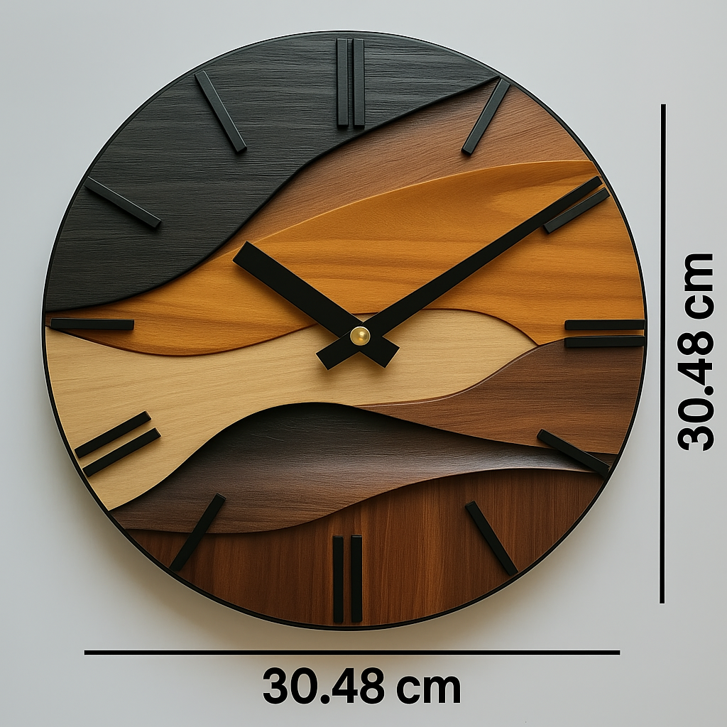 Artistic Round Wall Clock | Nordic Style Faux Wood Grain Design | Silent Kitchen