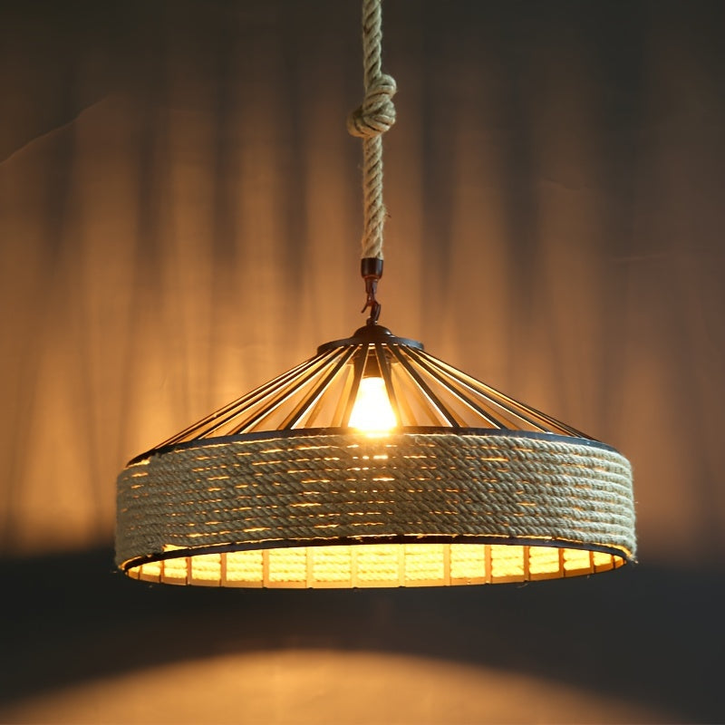 Rustic Hemp Rope Pendant Light | Vintage Farmhouse Ceiling Lamp | Metal Adjustable Handcrafted