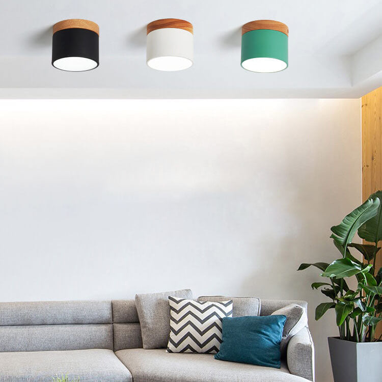 Scandinavian Macaron LED Ceiling Light | Wooden Accent Flush Mount | Wood Metal Nordic Bedroom