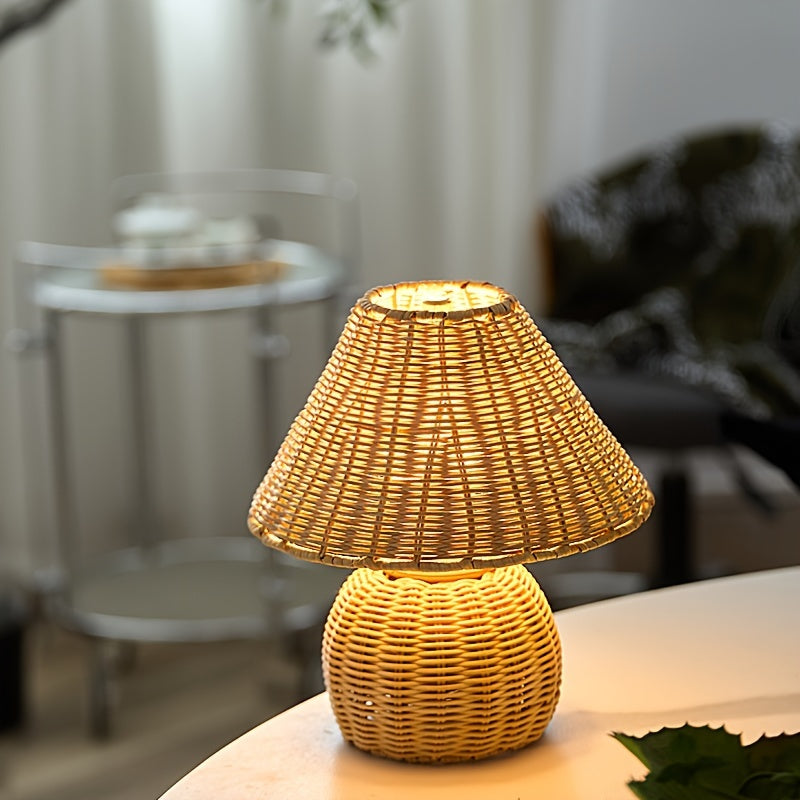 Bamboo Woven Desk Lamp | USB-Powered Boho Accent Light | Rechargeable Handcrafted Bohemian