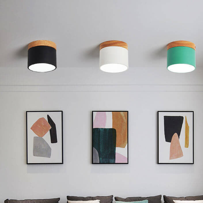 Scandinavian Macaron LED Ceiling Light | Wooden Accent Flush Mount | Wood Metal Nordic Bedroom