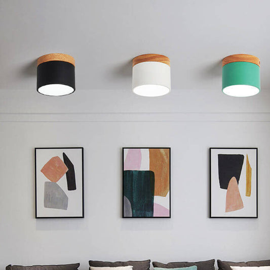 Scandinavian Macaron LED Ceiling Light | Wooden Accent Flush Mount | Wood Metal Nordic Bedroom