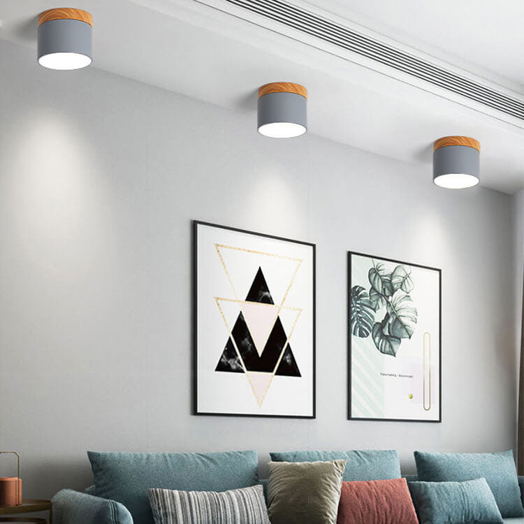 Scandinavian Macaron LED Ceiling Light | Wooden Accent Flush Mount | Wood Metal Nordic Bedroom