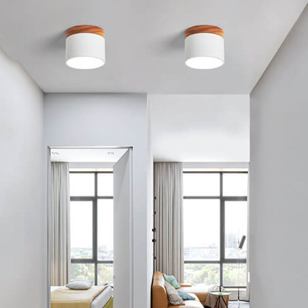 Scandinavian Macaron LED Ceiling Light | Wooden Accent Flush Mount | Wood Metal Nordic Bedroom