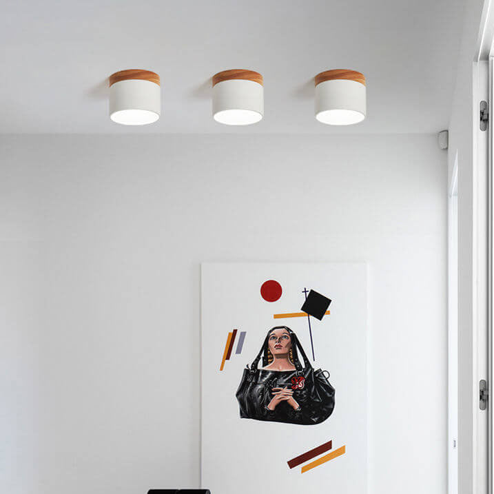 Scandinavian Macaron LED Ceiling Light | Wooden Accent Flush Mount | Wood Metal Nordic Bedroom