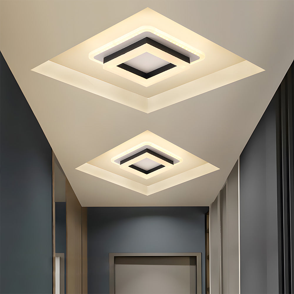 Square LED Ceiling Light | Modern Flush Mount Fixture | Wood Bedroom