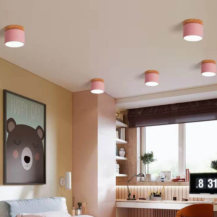 Scandinavian Macaron LED Ceiling Light | Wooden Accent Flush Mount | Wood Metal Nordic Bedroom
