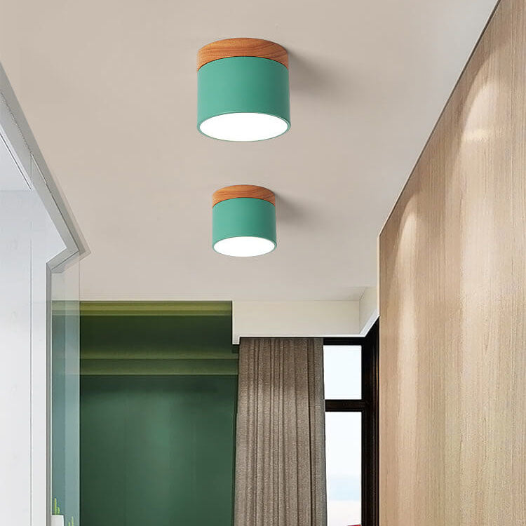 Scandinavian Macaron LED Ceiling Light | Wooden Accent Flush Mount | Wood Metal Nordic Bedroom