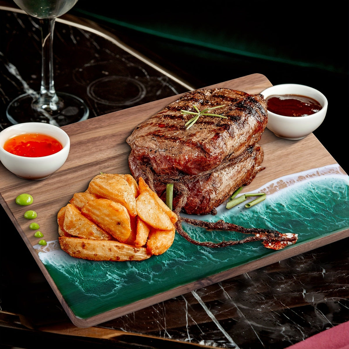 Wave Resin Cutting Board | Ocean-Inspired Acacia Wood Cheese & Serving Board | Water-Resistant