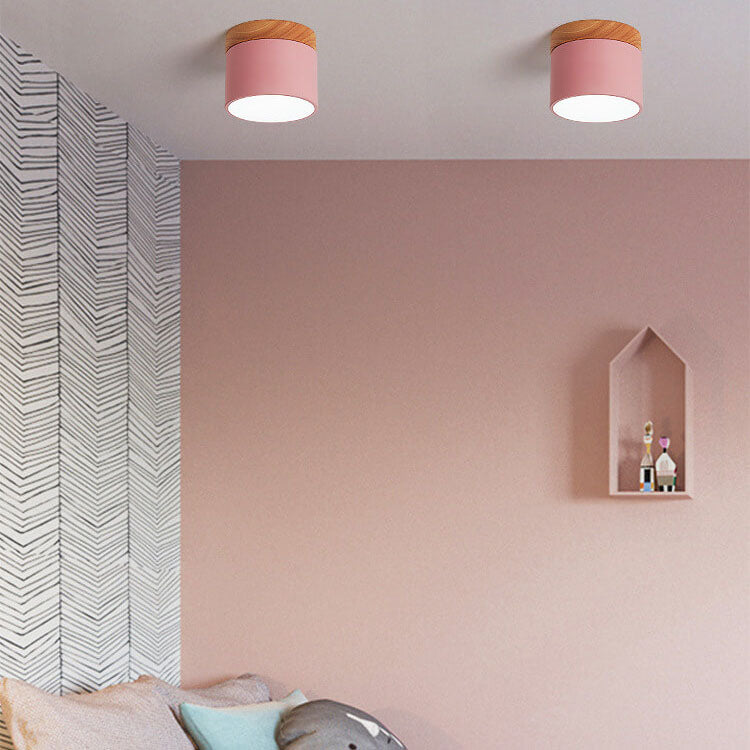 Scandinavian Macaron LED Ceiling Light | Wooden Accent Flush Mount | Wood Metal Nordic Bedroom