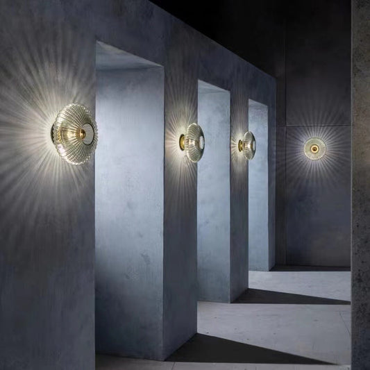 Nordic Vintage Glass Wall Sconce | Striped Round Disc Light | Metal Art Deco Bedroom