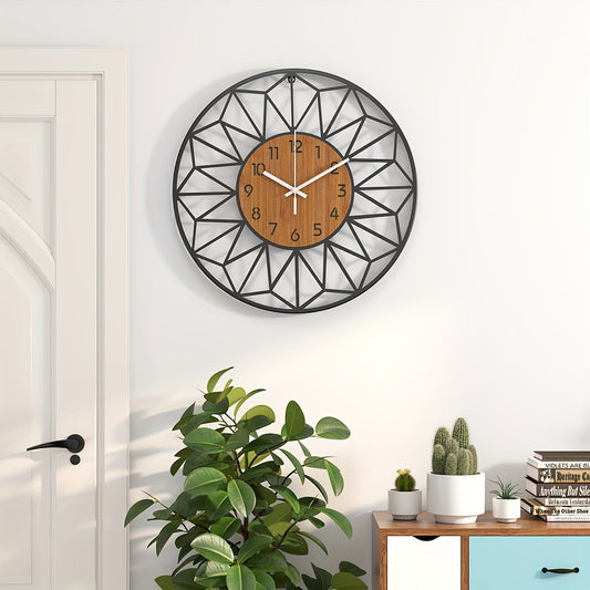 Modern Metal Wall Clock | Wood Grain Centre Design | Silent Industrial Kitchen
