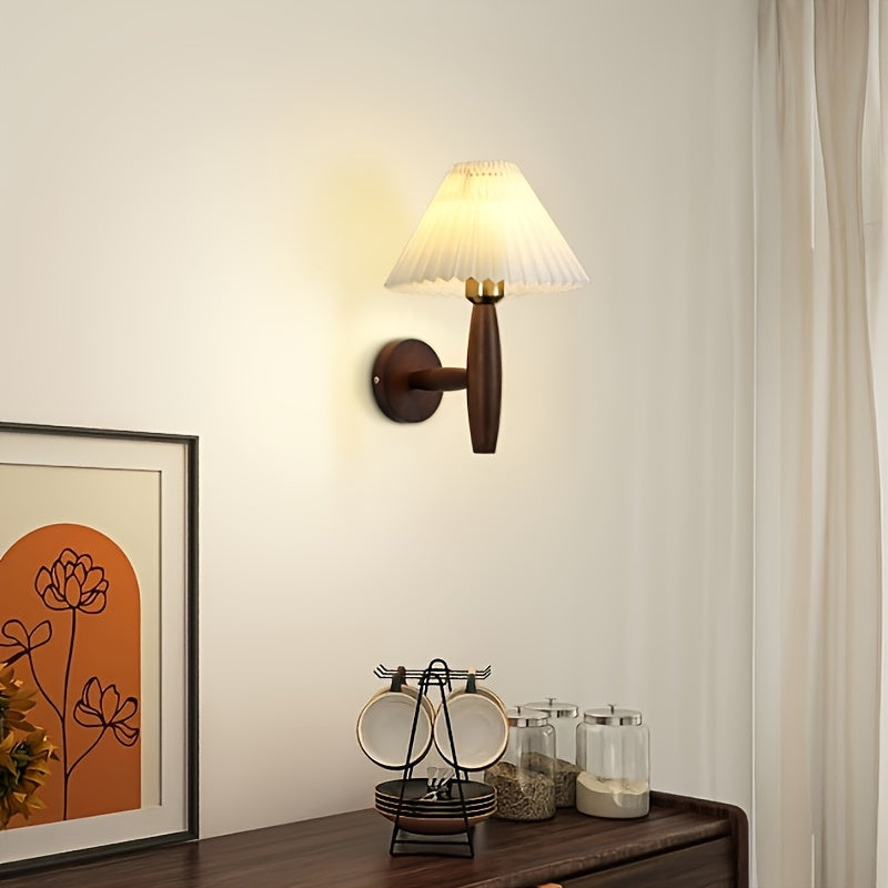 Nordic Wooden Wall Sconce | Retro Bedside Wall Lamp with Pleated Shade | Wall Light Wood