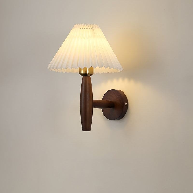 Nordic Wooden Wall Sconce | Retro Bedside Wall Lamp with Pleated Shade | Wall Light Wood