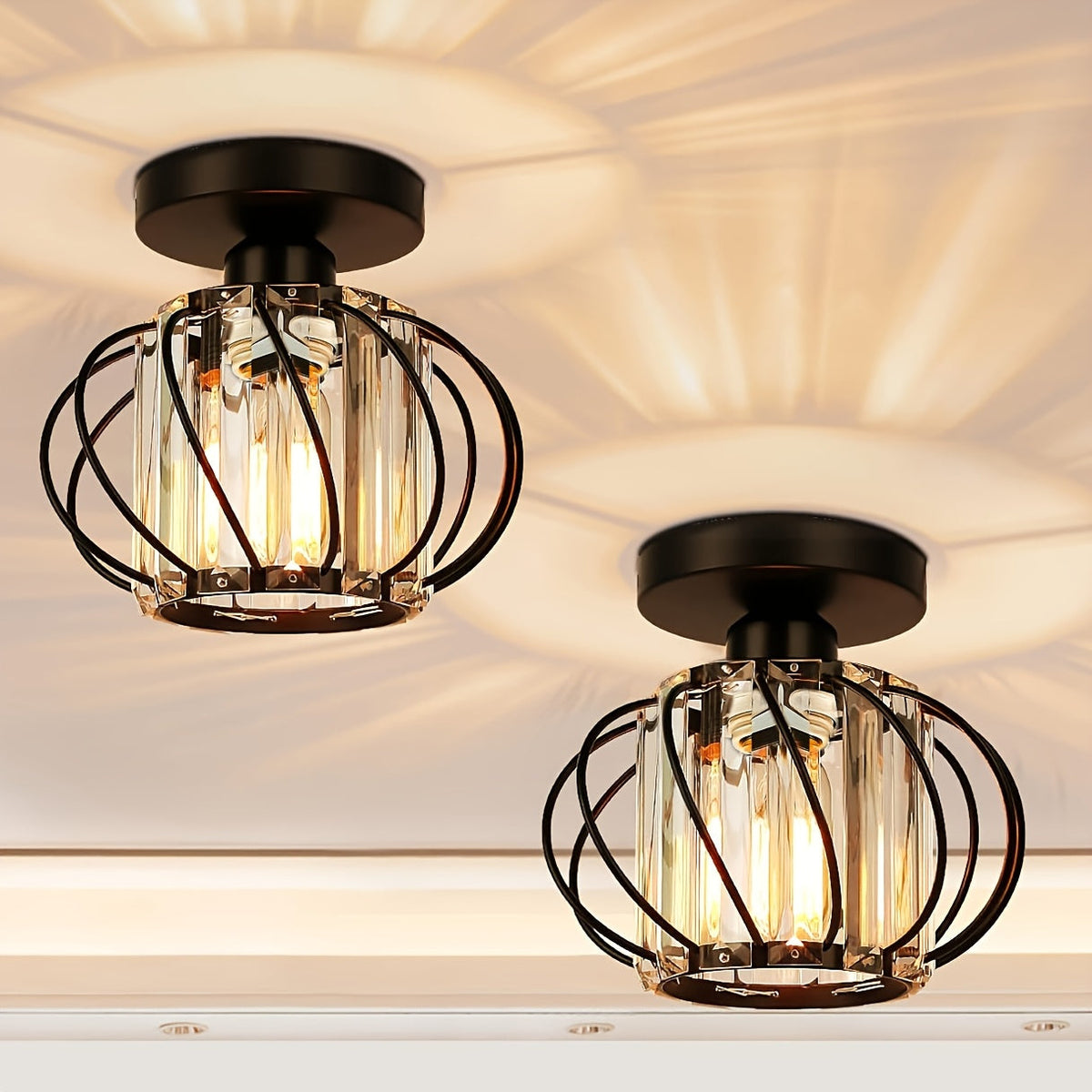 Modern Industrial Cage Ceiling Light | Elegant Semi Flush Mount Fixture | Glass Metal Bedroom