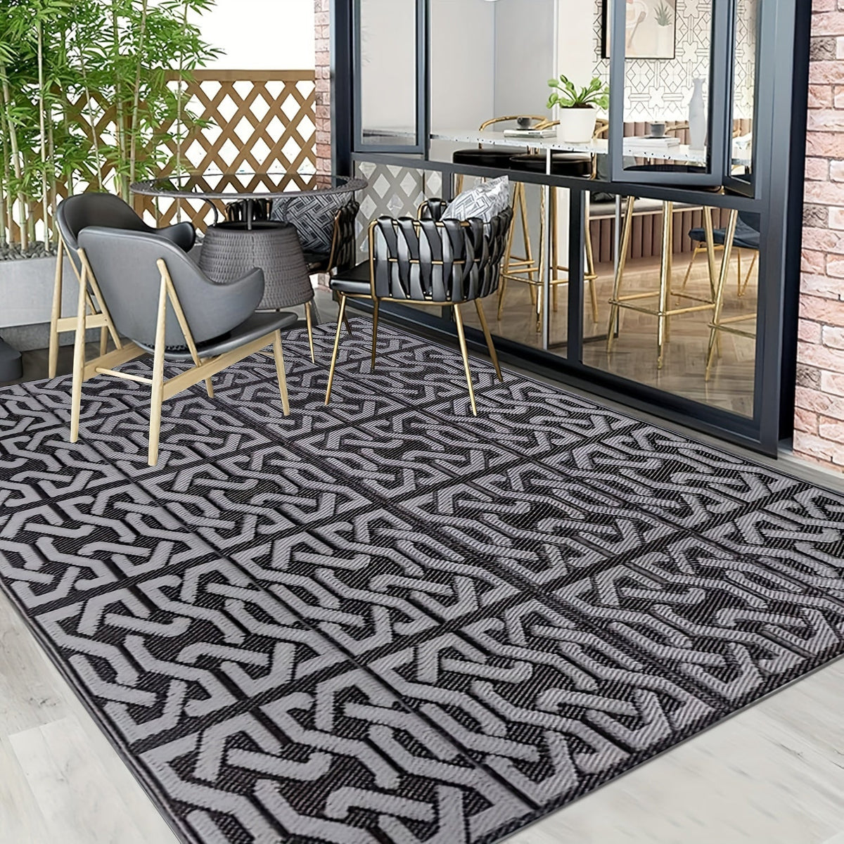Reversible Outdoor Rug | Black & Grey Modern Patio Mat | Water-Resistant Adjustable Entryway
