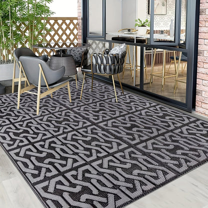 Reversible Outdoor Rug | Black & Grey Modern Patio Mat | Water-Resistant Adjustable Entryway