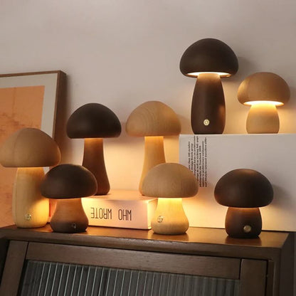 Portobello Mushroom Lamp | Natural Wood Rechargeable Night Light | Touch Control Adjustable