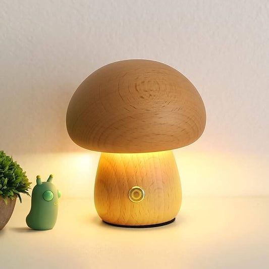 Portobello Mushroom Lamp | Natural Wood Rechargeable Night Light | Touch Control Adjustable