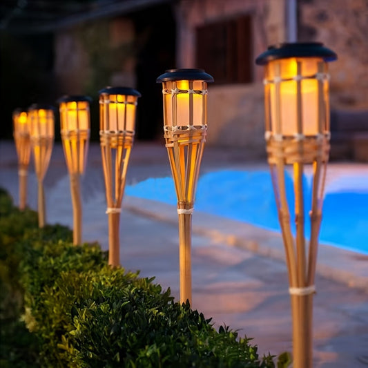 Solar Bamboo Flame Lights (2-Pack) | 12-LED Outdoor Solar Garden Lanterns | Outdoor Light